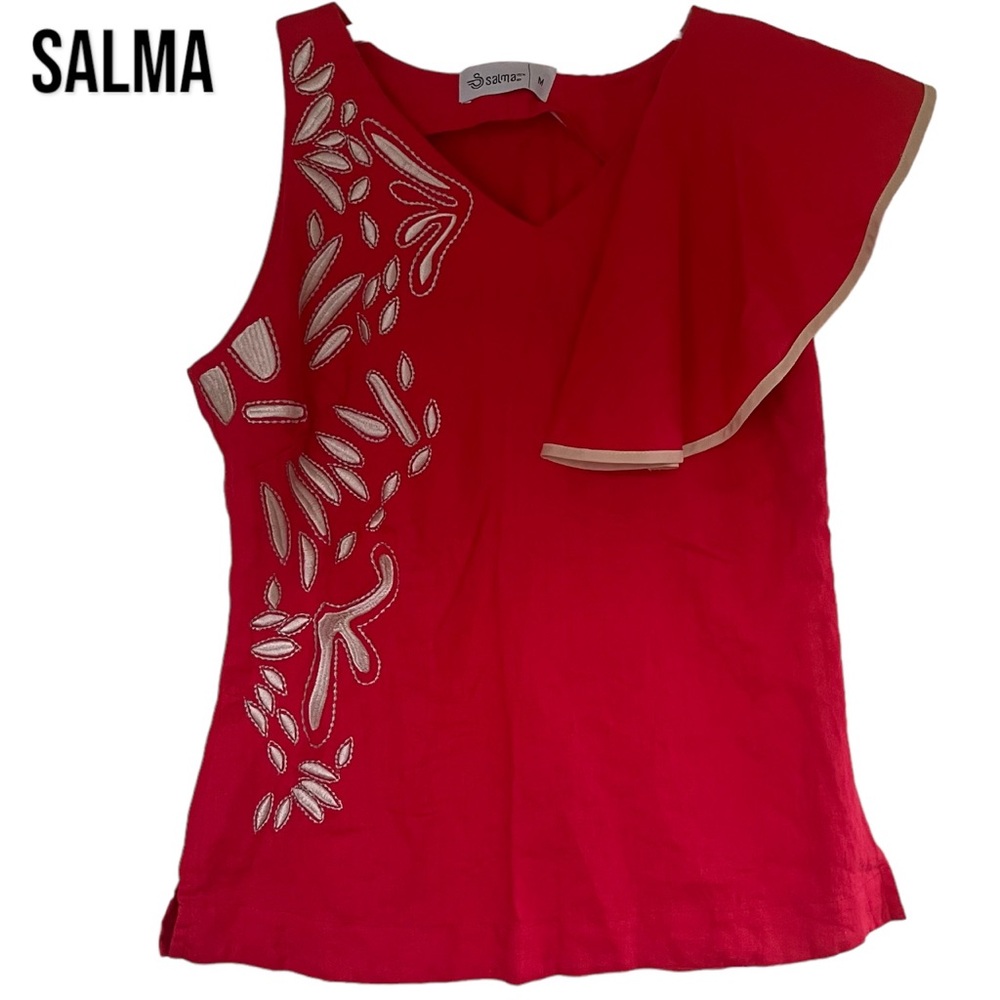 Salma 100% LINEN EMBROIDERED BUTTERFLY FLOWY SLEEVELESS BLOUSE Red Tan EUC